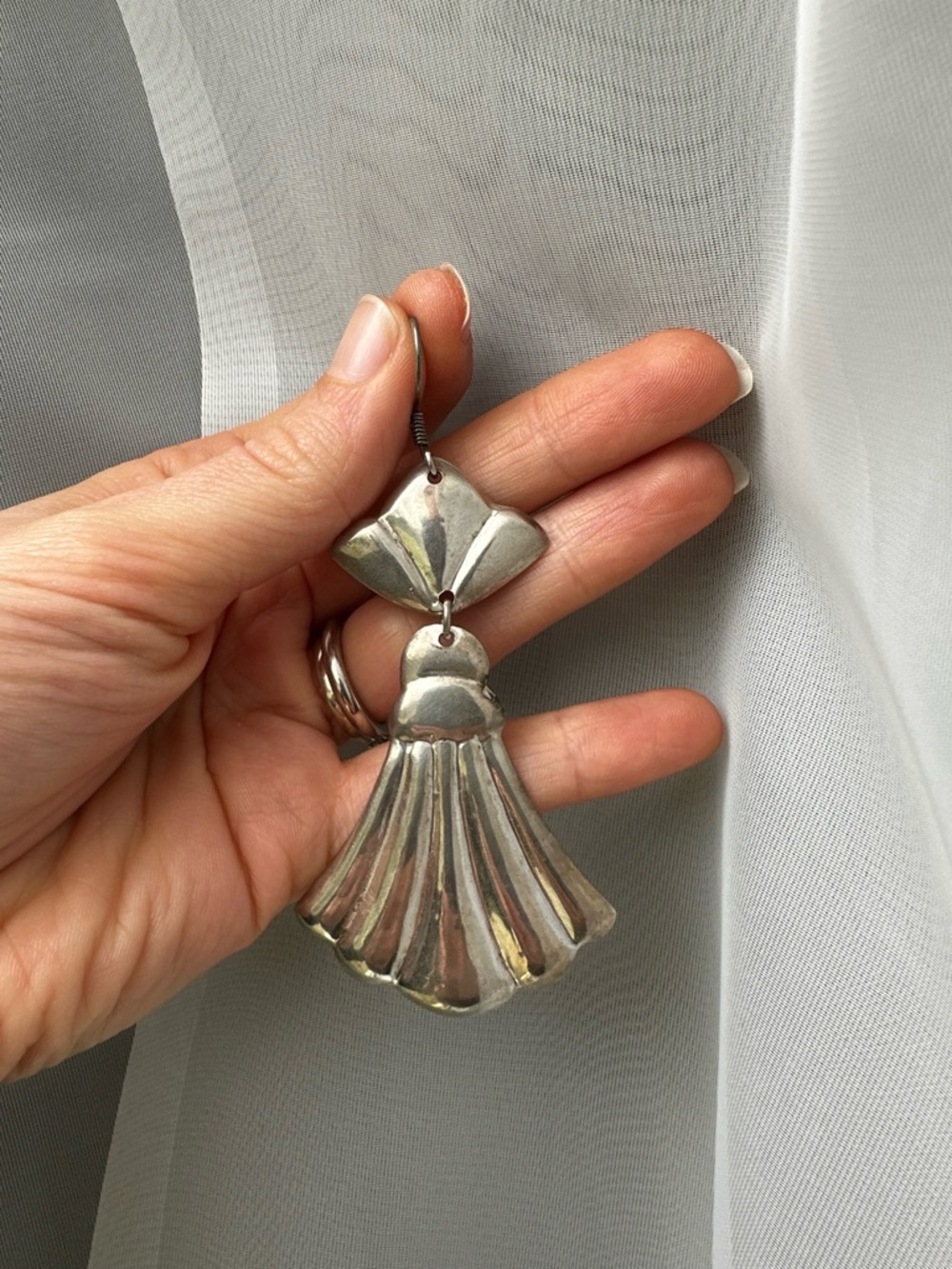 Sterling Silver Statement Drop Scalloped Fan Earrings - made in Mexico - Picture 4 of 6